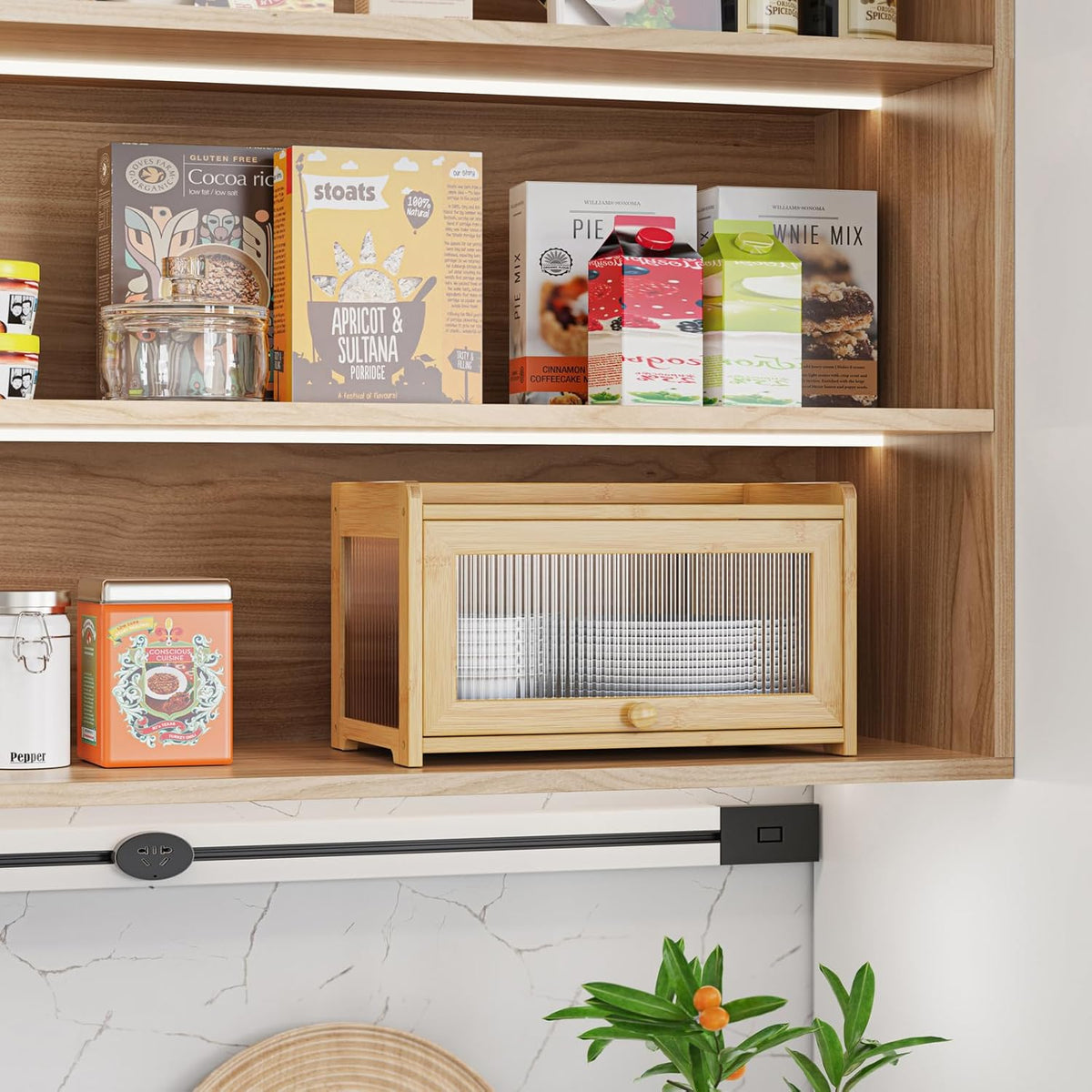 BAMBANG Bamboo Bread Box for Kitchen Countertop, Extra Large Farmhouse Bread Box with 4-Side Clear Panels, Wooden Bread Storage Container for Homemade Bread, Natural