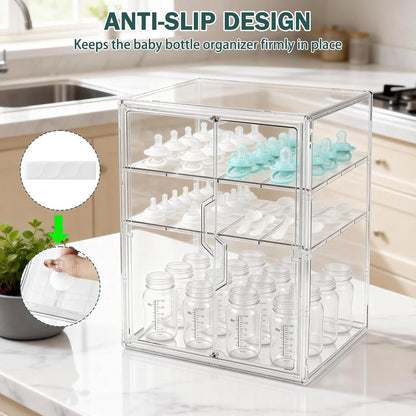 Baby Bottle Organizer, 3-Tier Bottle Storage for Countertop with Double Magnetic Doors, Clear Plastic Bottle Station Organizer Mom Gifts with 2 Dividers for Kitchen, Bathroom, Cabinet, Vanity