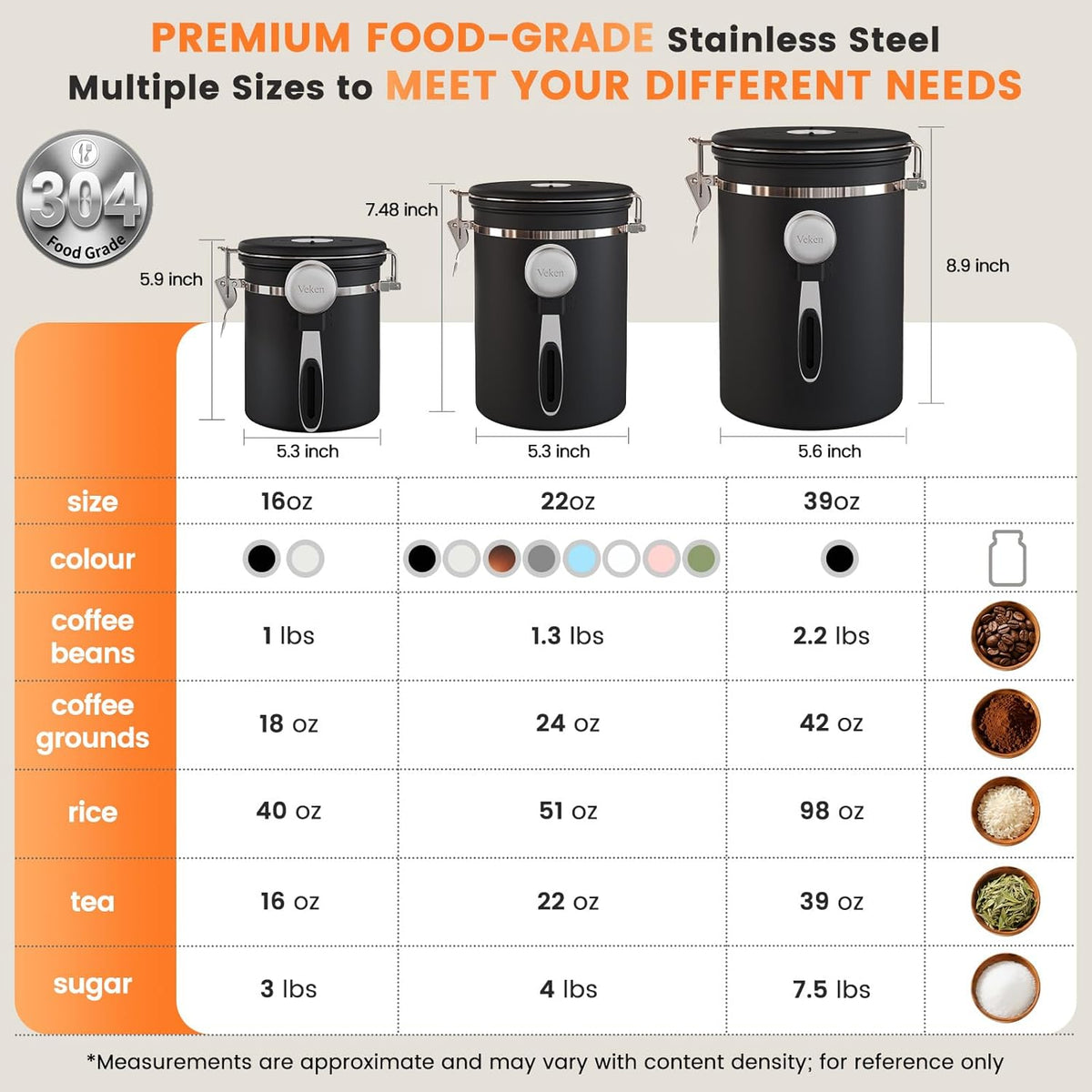 Veken Coffee Canister with Window, Family Choice Awards Winner, Airtight Stainless Steel Home Kitchen Food Storage Container with Lids for Grounds, Beans, Tea, Flour,Cereal,Sugar Jars,Scoop,16OZ,Black