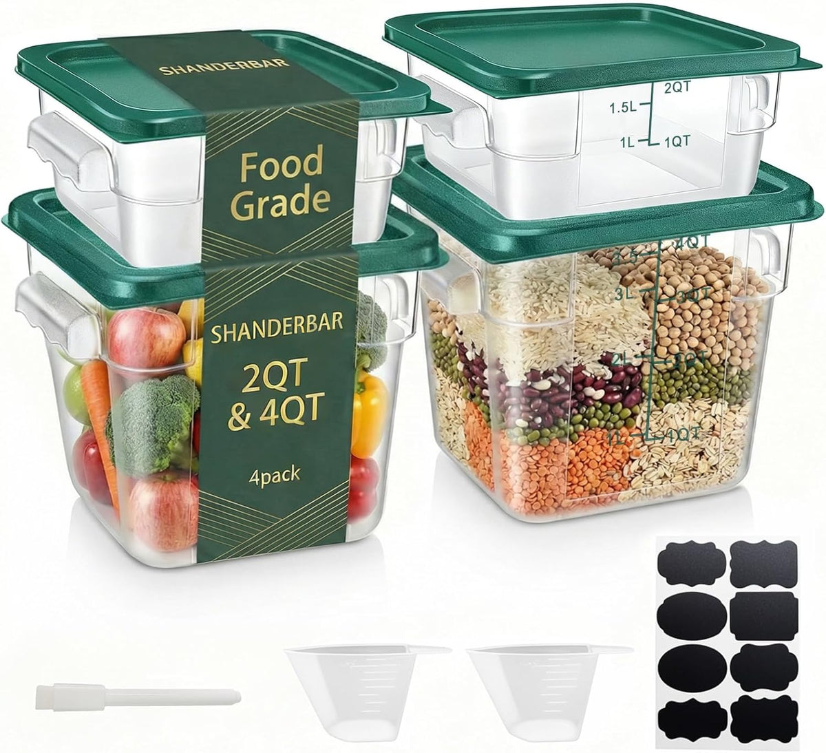4 Pack 4QT Food Storage Containers with Green Lids, Clear Square Restaurant Commercial Food Storage Containers with Handle and Scale, Marinating Container Dough Rising Bucket for Home & Dining