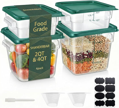 4 Pack 4QT Food Storage Containers with Green Lids, Clear Square Restaurant Commercial Food Storage Containers with Handle and Scale, Marinating Container Dough Rising Bucket for Home & Dining