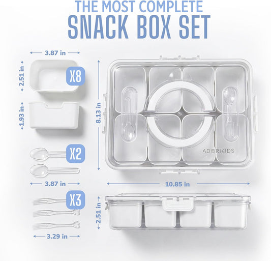 Travel Snack Container for Kids – Snackle Box with 8 Removable Compartments, Utensils and Recipe QR – Snack Box for Road Trips, Beach, Picnic and School Lunch