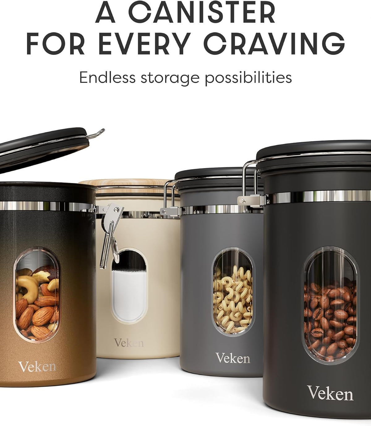 Veken Coffee Canister with Window, Family Choice Awards Winner, Airtight Stainless Steel Home Kitchen Food Storage Container with Lids for Grounds, Beans, Tea, Flour,Cereal,Sugar Jars,Scoop,16OZ,Black