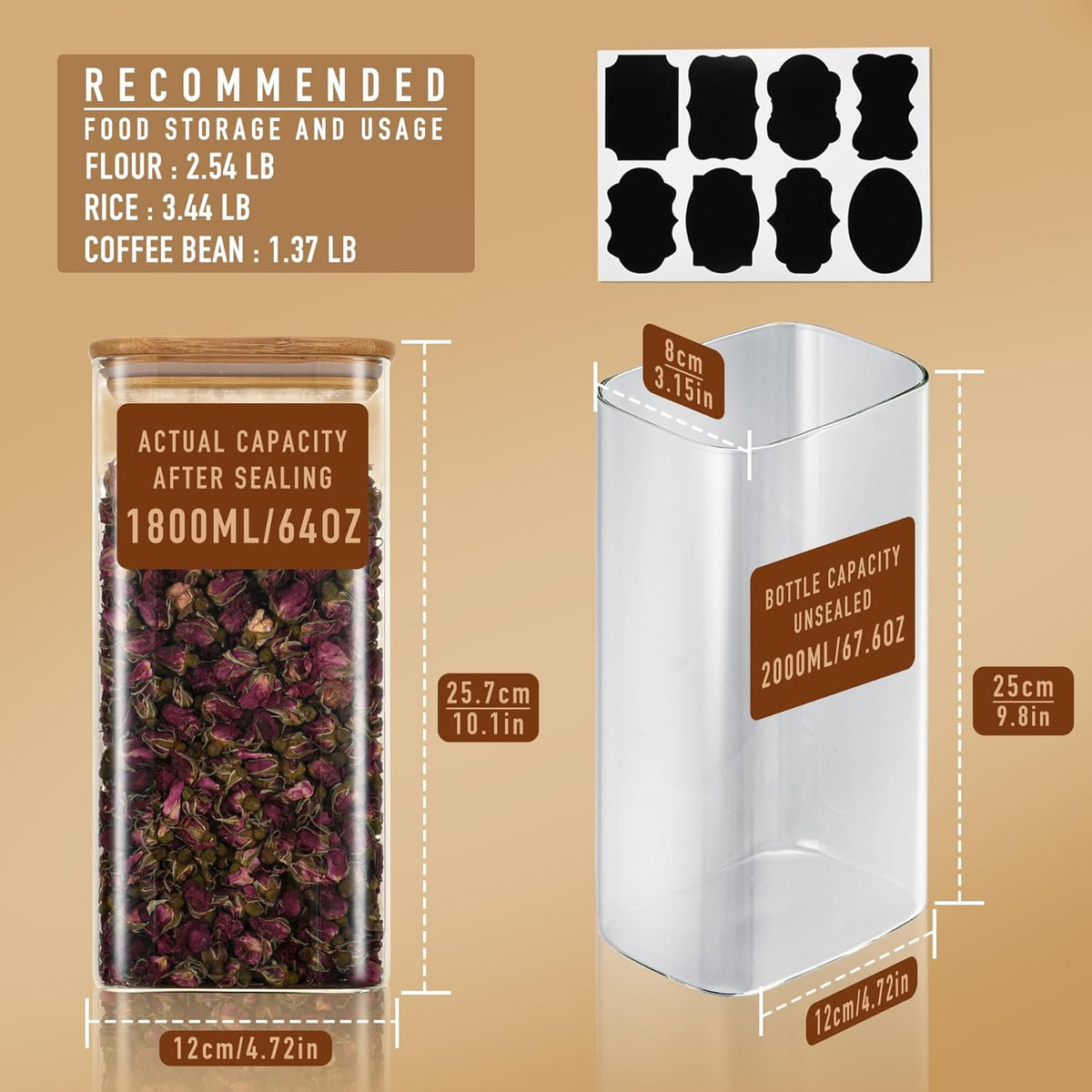 D2scrma 37oz Rectangle Airtight Glass Storage Containers with Bamboo Lids (Set of 6), Square Food Storage Jar, Pantry Organizers for Cereal, Nuts, Snacks and Coffee beans (‎with Black Lable)