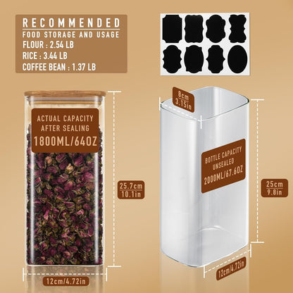 D2scrma 37oz Rectangle Airtight Glass Storage Containers with Bamboo Lids (Set of 6), Square Food Storage Jar, Pantry Organizers for Cereal, Nuts, Snacks and Coffee beans (‎with Black Lable)