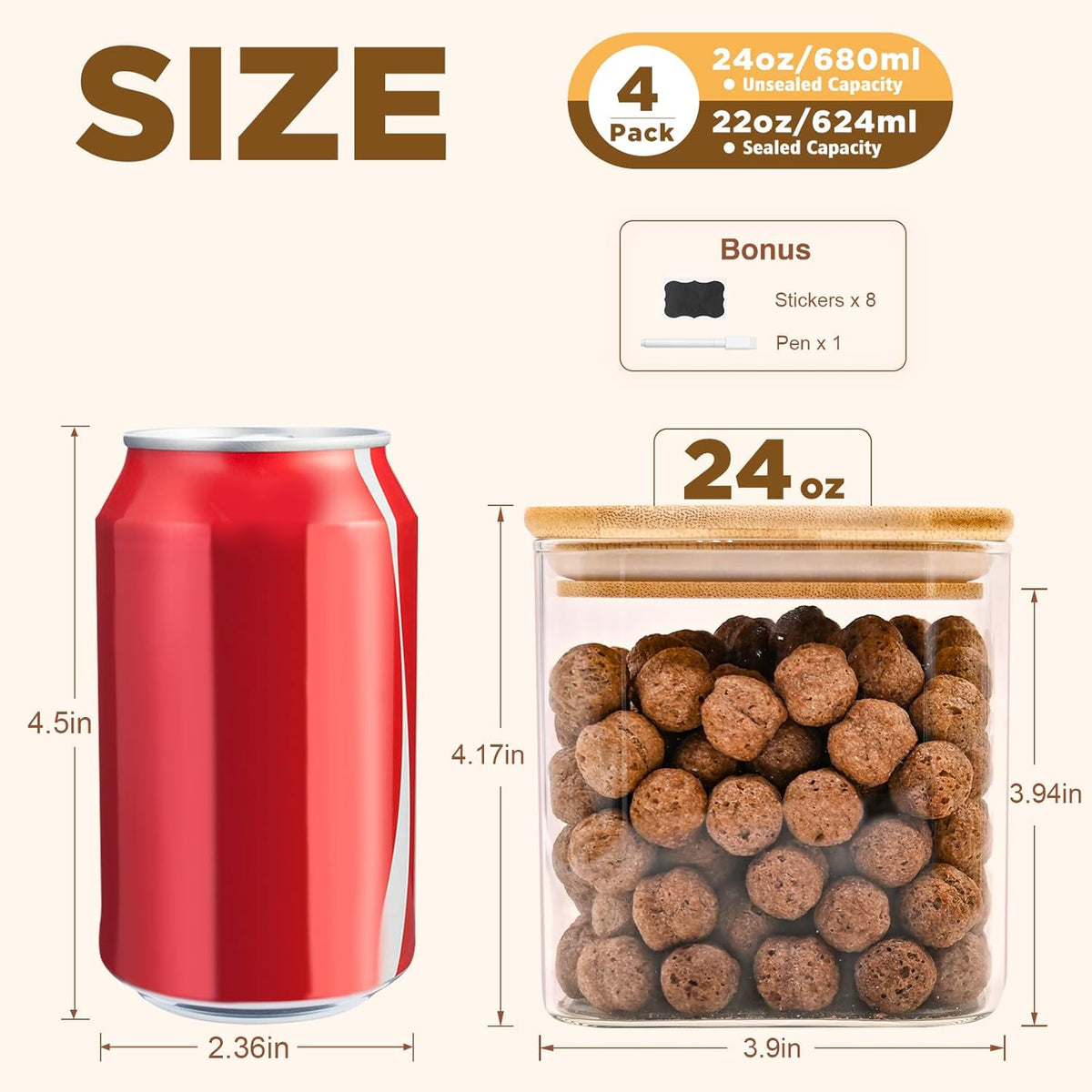 SHOWIN Glass Food Storage Jars Square 37oz, 4 Pack Glass Jars With Bamboo Lids, Kitchen Storage Containers For Spice, Candy, Cookie, Storage For Pantry Organizers