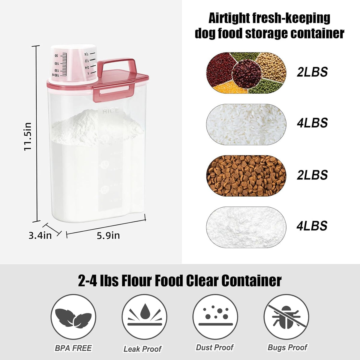LEAWALK Airtight 4 LBS Rice/Cereal/Dry Food Storage Container BPA Free, 2.11Qt Clear Plastic Kitchen and Pantry Organization Bin Suitable for Oats, Flour, Sugar, Pasta, Pet Food, etc (Clear Grey)
