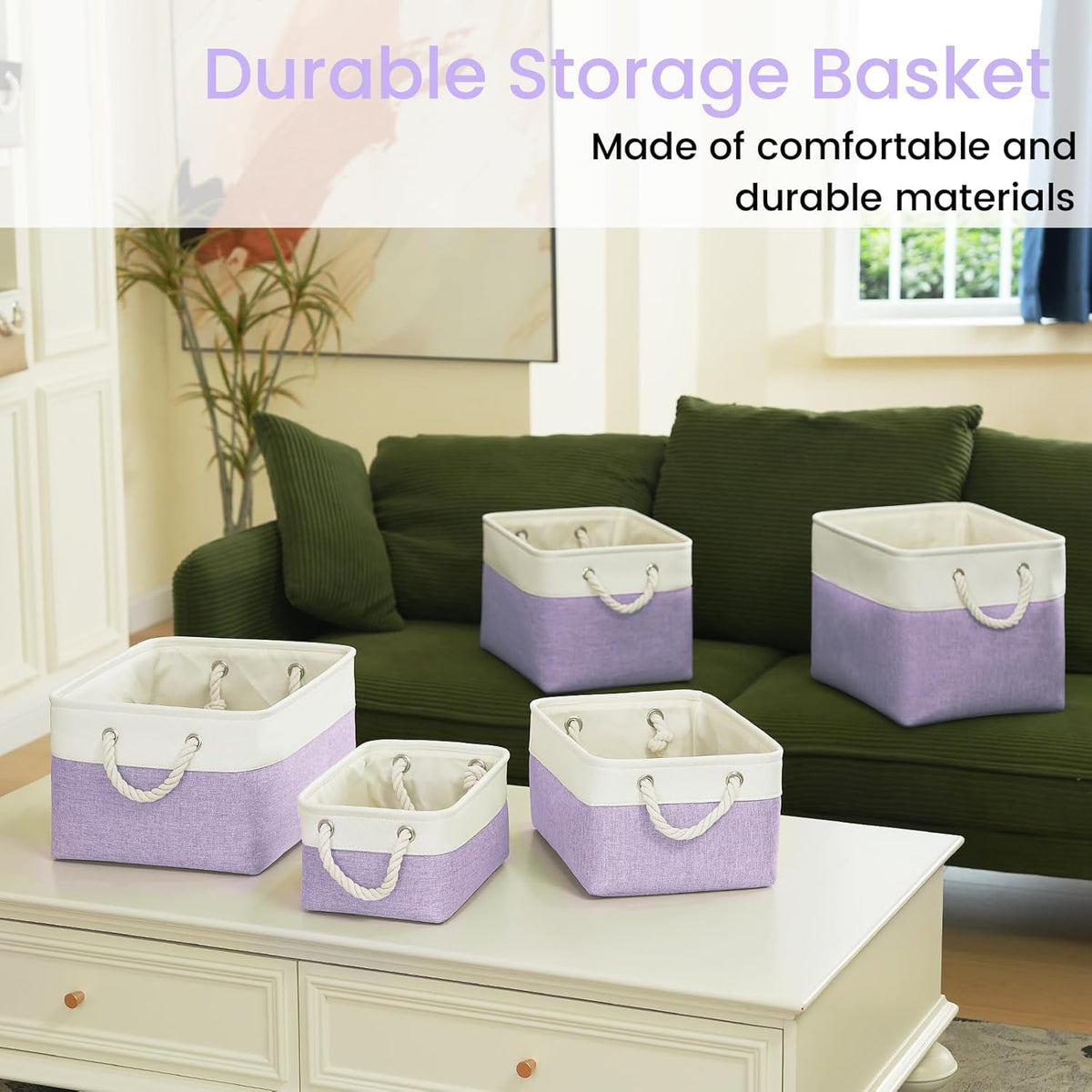 Large Storage Baskets- 15.7x11.8x8.26 inch Storage Bins for Shelves and Closet Organizing, Foldable Fabric Bin for Home Organization Clothes and Laundry (3-Pack, White&Khaki)