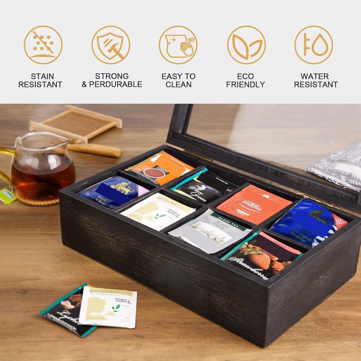 Alsonerbay Wooden Tea Box Tea Bag Holder Kitchen Storage Chest Box for Spice Pouches and Sugar Packets with 8 Compartments and Glass Window Weathered Black