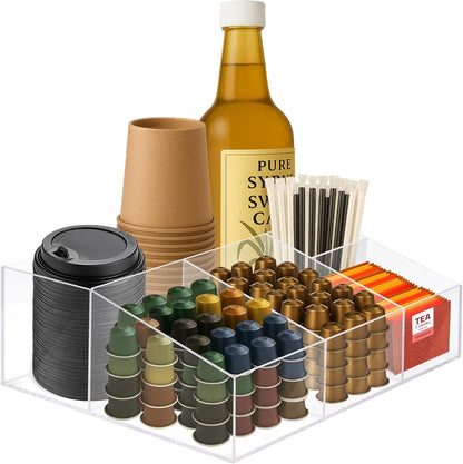 Coffee Bar Organizer for Countertop – Wooden Coffee Caddy with Compartments for Pods, Sugar Packets, and Accessories – Coffee Condiment Station Storage for Home and Office (Black)