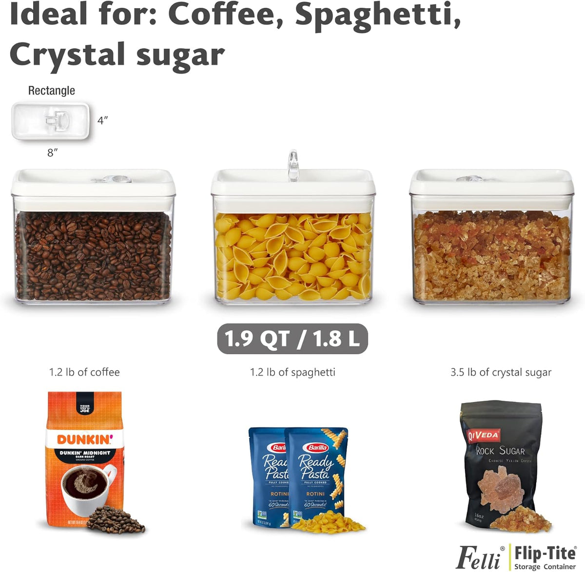 Felli Flip Tite Storage Container with Built-In Spoon & Airtight Lid 5” Large-M Ring Flip Top, Stackable Acrylic Canister for Sugar Flour Powder, Kitchen Pantry Organizer (1.8qt), 2 spoons