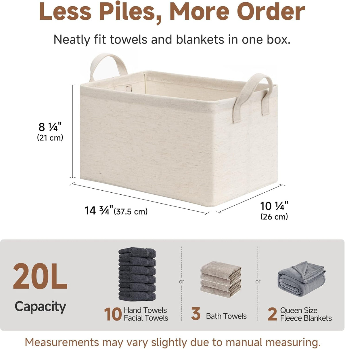 StorageWorks Storage Bins, Shelves Baskets for Organizing, Fabric Closet Organizers with Handles, Metal Frame, Beige-Cotton-linen, 2-Pack