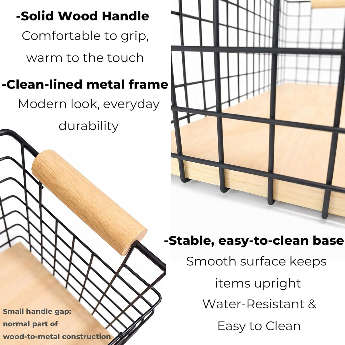 Wire Storage Baskets with Solid Wood Handles, Set of 2 – Metal Organizer Basket with MDF Base for Kitchen Countertop, Bathroom, Pantry, Entryway, Office | 12.8” x 6.25” | Black