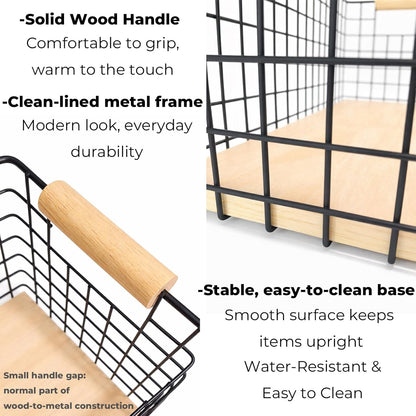 Wire Storage Baskets with Solid Wood Handles, Set of 2 – Metal Organizer Basket with MDF Base for Kitchen Countertop, Bathroom, Pantry, Entryway, Office | 12.8” x 6.25” | Black