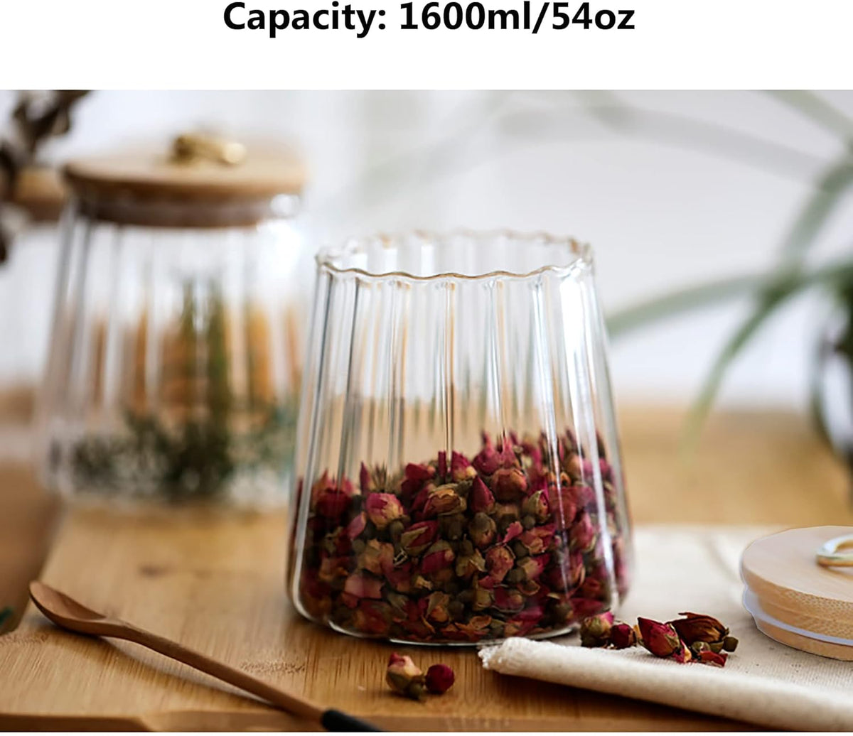 FANTESTICRYAN Glass Coffee Nuts Canister Airtight Storage Jar Petal Decorative Container with Bamboo Lid Metal Handle Easy to Grasp 700ml, 23 FL OZ