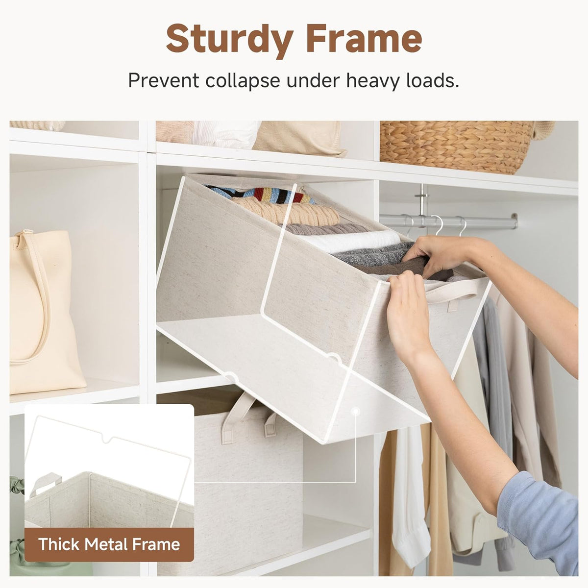 StorageWorks Storage Bins, Shelves Baskets for Organizing, Fabric Closet Organizers with Handles, Metal Frame, Beige-Cotton-linen, 2-Pack