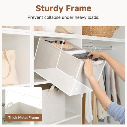 StorageWorks Storage Bins, Shelves Baskets for Organizing, Fabric Closet Organizers with Handles, Metal Frame, Beige-Cotton-linen, 2-Pack