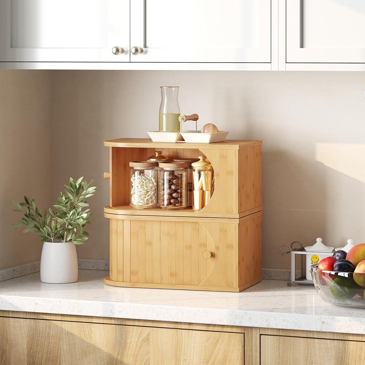 HOOBRO Bread Box, Bamboo Bread Box for Kitchen Countertop, Corner Bread Box with Roller Door, Bread Storage Container, Bamboo Food Storage Cabinet, for Kitchen, Dining Room, Natural YL20MB01