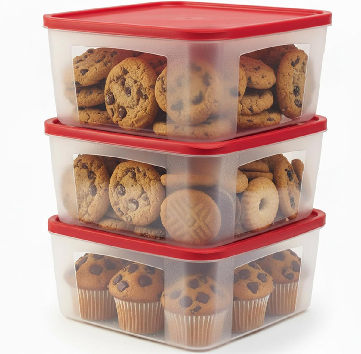 Cookie Storage Containers Airtight - 3-Pack 3.7L Square Plastic Containers With Lids for Baked Goods, Cupcake Storage & Meal Prep - BPA Free, Airtight Flat Reusable Muffin Storage Container