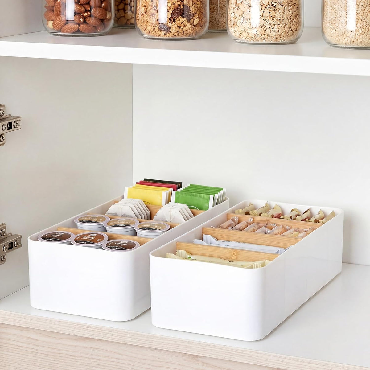 2 Pack Seasoning Packet Organizer Food Storage Organizer & 3 Bamboo Wood Removable Dividers Plastic Bins Caddy for Spice Snacks Pouches Spice Organization for Cabinet Kitchen(White)