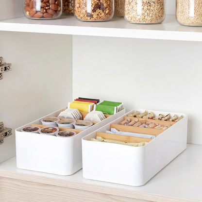 2 Pack Seasoning Packet Organizer Food Storage Organizer & 3 Bamboo Wood Removable Dividers Plastic Bins Caddy for Spice Snacks Pouches Spice Organization for Cabinet Kitchen(White)