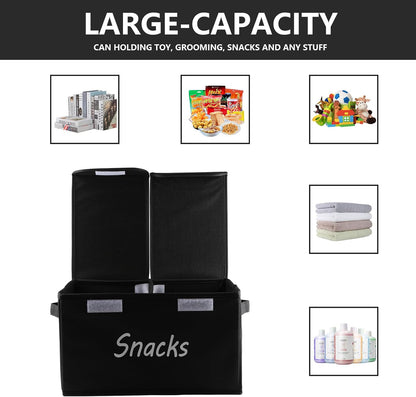 Snack Organizer for Pantry Shelf, Fabric Snack Organizer with Double Lids & Handles, Large 2-Compartment Snack Bin Snack Holder, Snack Basket for Chips Packets, Snack Bar Station Decor -Black