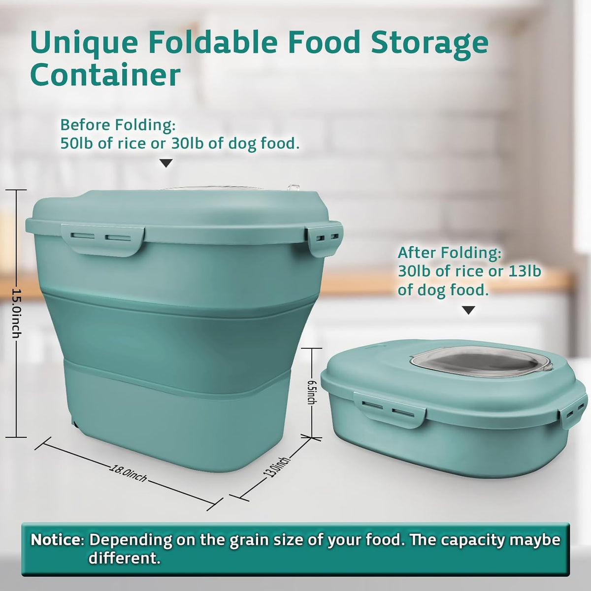 Komzon Rice Storage Bin Cereal Containers, 13-50lb Collapsible Rice Container Dispenser with Transparent Lid, Rolling Wheels, Measuring Cup and Scoop, Airtight Dog Cat Pet Food Storage Container Pink