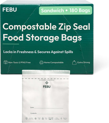 FEBU Compostable Food Storage Bags Variety Pack, 260 Count | Compostable & Biodegradable | PFAS & BPA Free | Drawer Organizer Box | 90 Snack, 90 Sandwich, 50 Quart, 30 Gallon