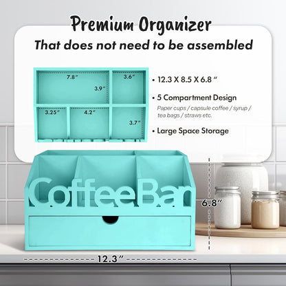 Coffee Bar Organizer for Countertop – Wooden Coffee Caddy with Compartments for Pods, Sugar Packets, and Accessories – Coffee Condiment Station Storage for Home and Office (Black)