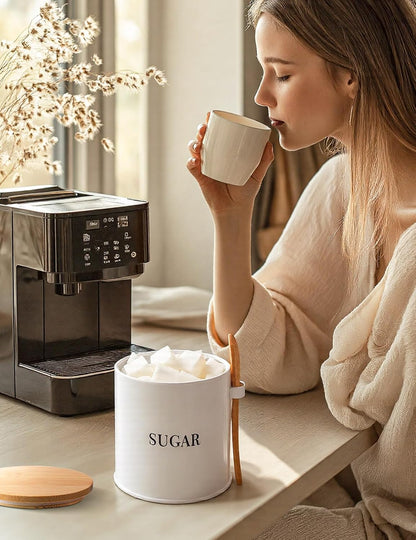 AISBUGUR Sugar Bowl with Lid and Spoon: 17oz Metal Sugar Container - Airtight Food Sugar Jar - Coffee Bar Accessories - Countertop Kitchen Decor (White)