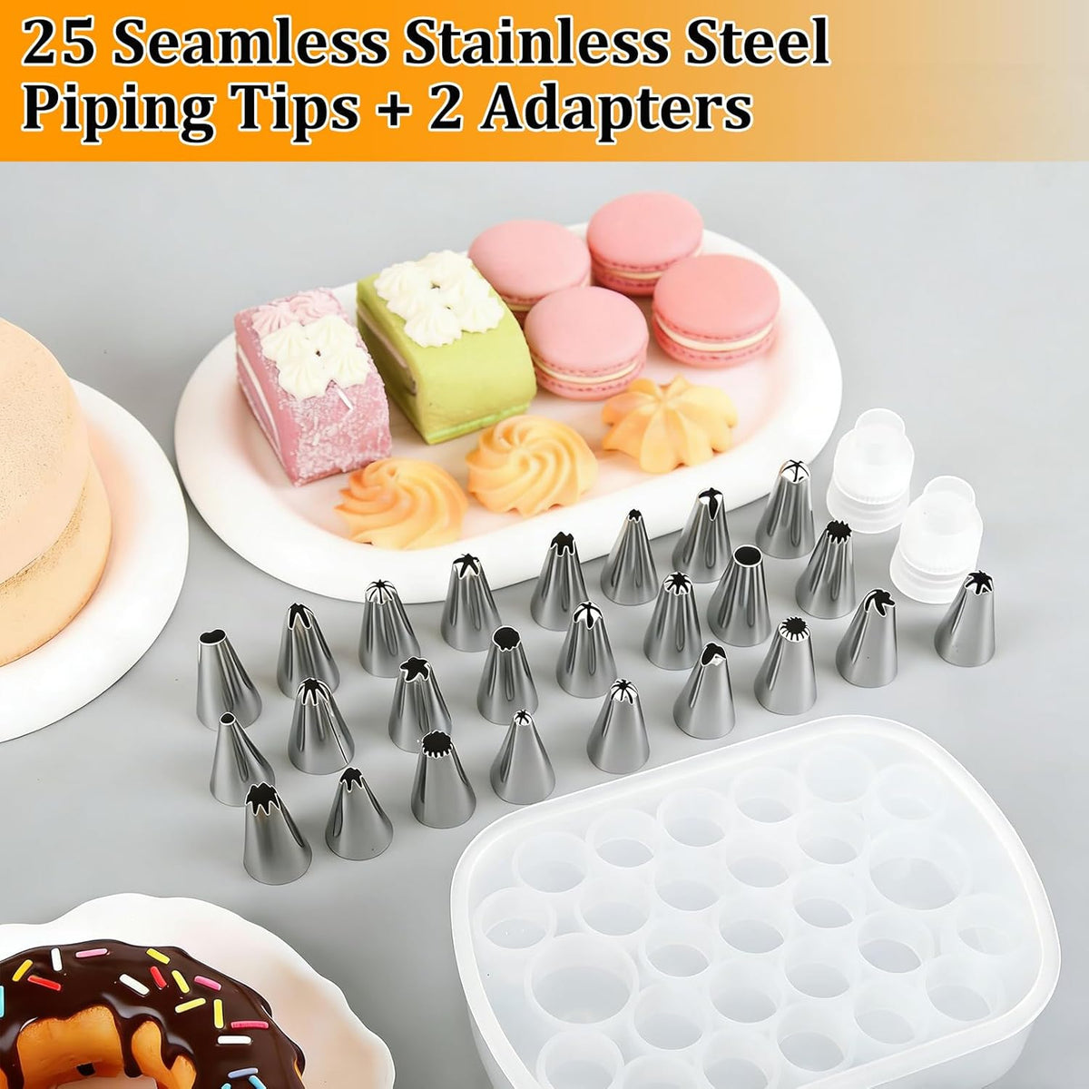 Cake Decorating Supplies Set - 27 Grids Storage Box with 25 Stainless Steel Piping Tips, 2 Adapters & Silicone Mini Tongs | Complete Baking Nozzle Organizer Kit