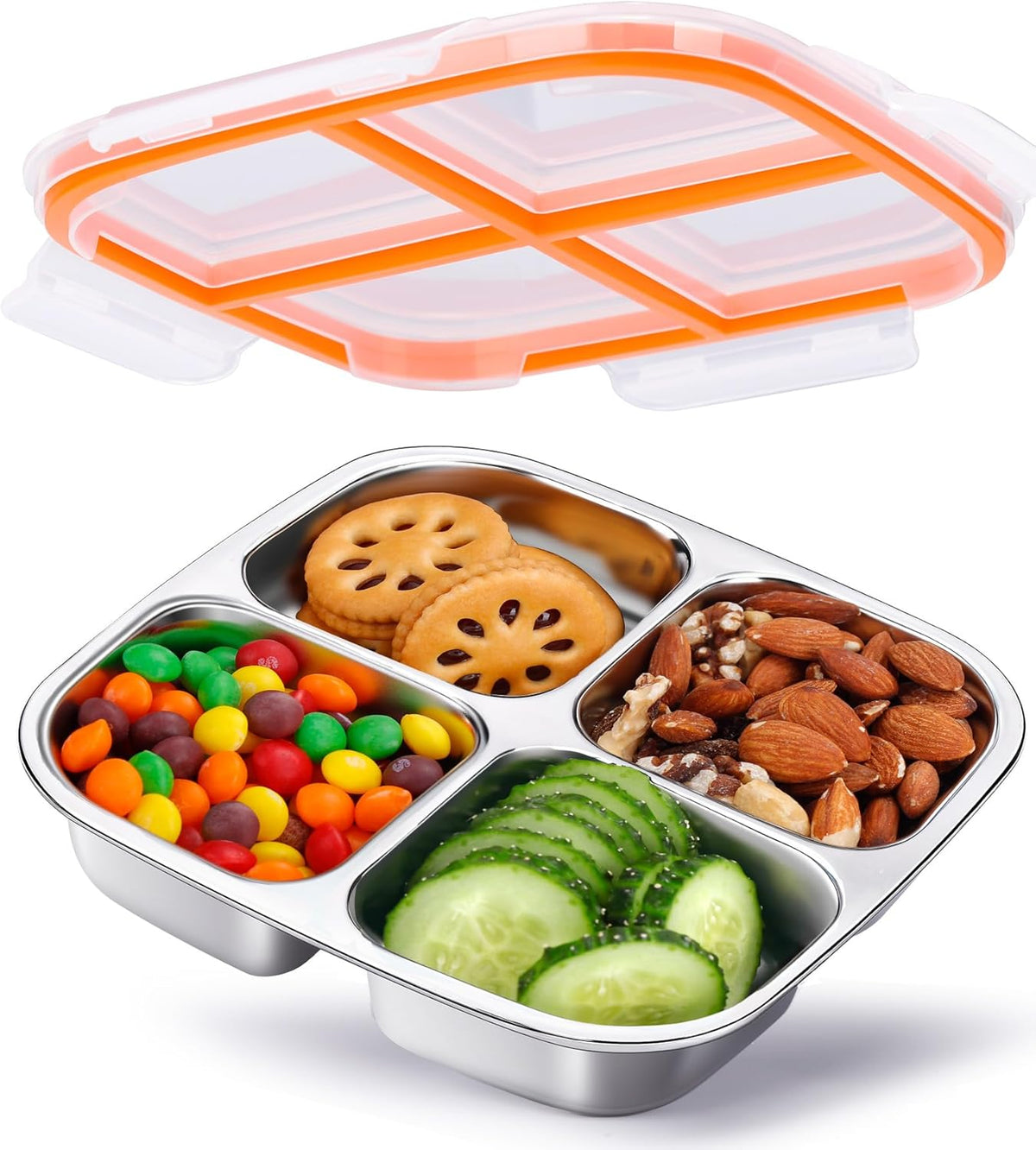 KTKUDY Stainless Steel Snack Containers - Divided Bento Snack Box - 4 Compartment Meal Prep Lunch Containers for Kids Daycare, School, Work, Travel