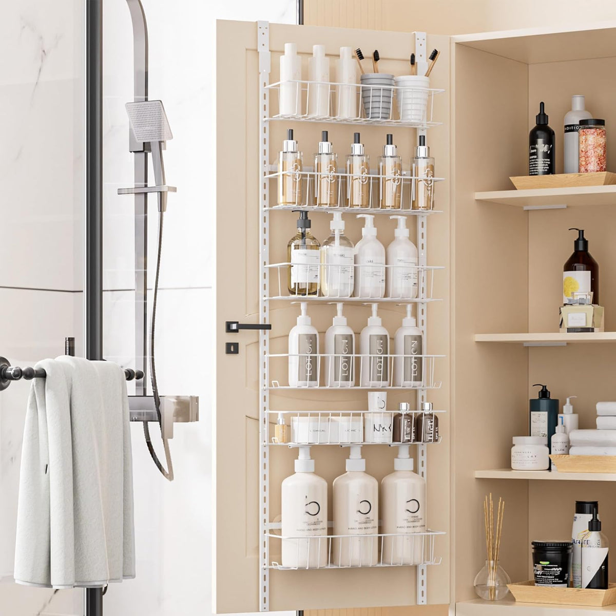 Delamu Adjustable Cabinet Door Organizer, 6-Tier Hanging Spice Rack Organizer, Metal Over the Door Pantry Organizer, Pantry Organizers and Storage Shelves for Kitchen Bathroom Laundry Room, White M