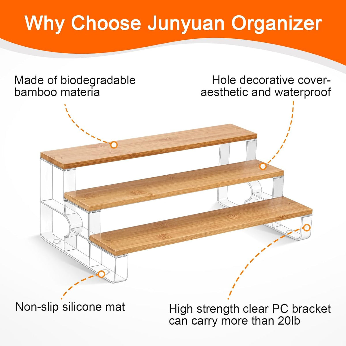 junyuan Spice Rack Organizer for Cabinet,3 Tier Spice Organization for Kitchen,Bathroom Organizers and Storage,Seasoning Countertop Shelf,Bamboo Display Shelves Racks,Clear 11.2"