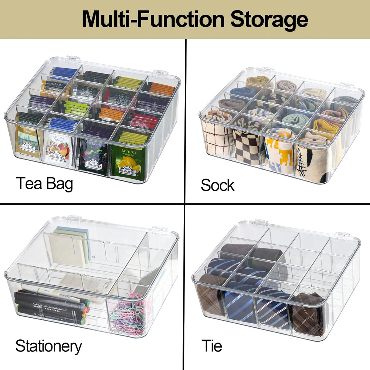 ZEXALOR Plastic Clear Storage Containers, Set of 2 Tea Bag Organizer Boxes 8 Compartments with Lids, Underwear Tie Drawer Organizer, Dresser Organizer (10.8×7×3.7")