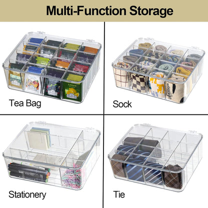 ZEXALOR Plastic Clear Storage Containers, Set of 2 Tea Bag Organizer Boxes 8 Compartments with Lids, Underwear Tie Drawer Organizer, Dresser Organizer (10.8×7×3.7")