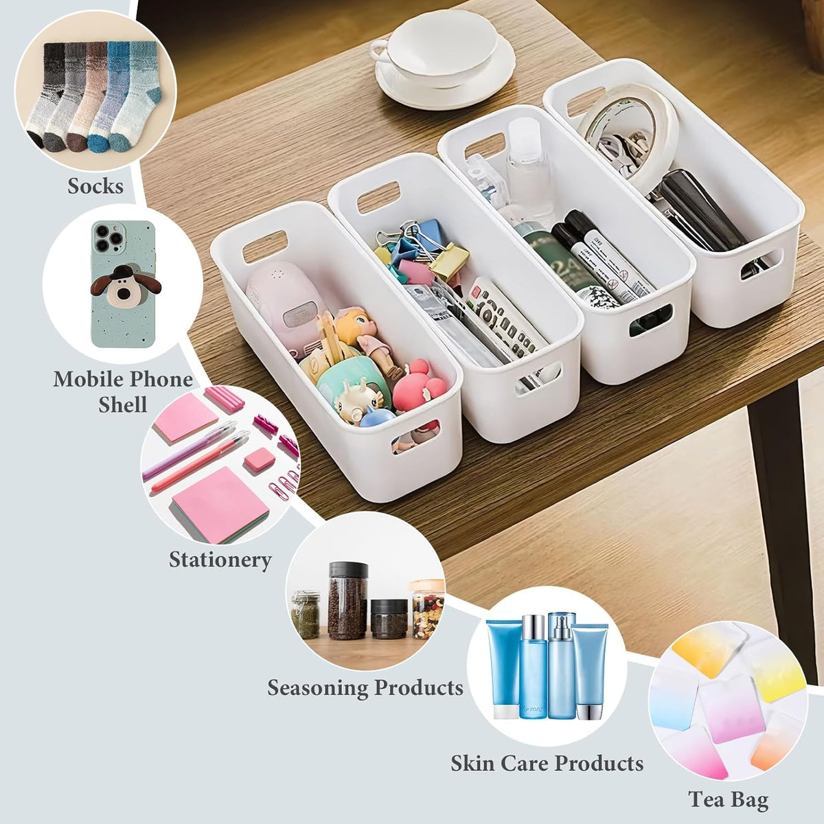10Pcs White Narrow Storage Bins, 10" Long Bathroom Organizing Bins, Plastic Storage Basket Open Drawer Organizer Box with Handle for Bathroom Kitchen Office Vanity Pantry Shelves