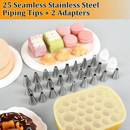Cake Decorating Supplies Set - 27 Grids Storage Box with 25 Stainless Steel Piping Tips, 2 Adapters & Silicone Mini Tongs | Complete Baking Nozzle Organizer Kit