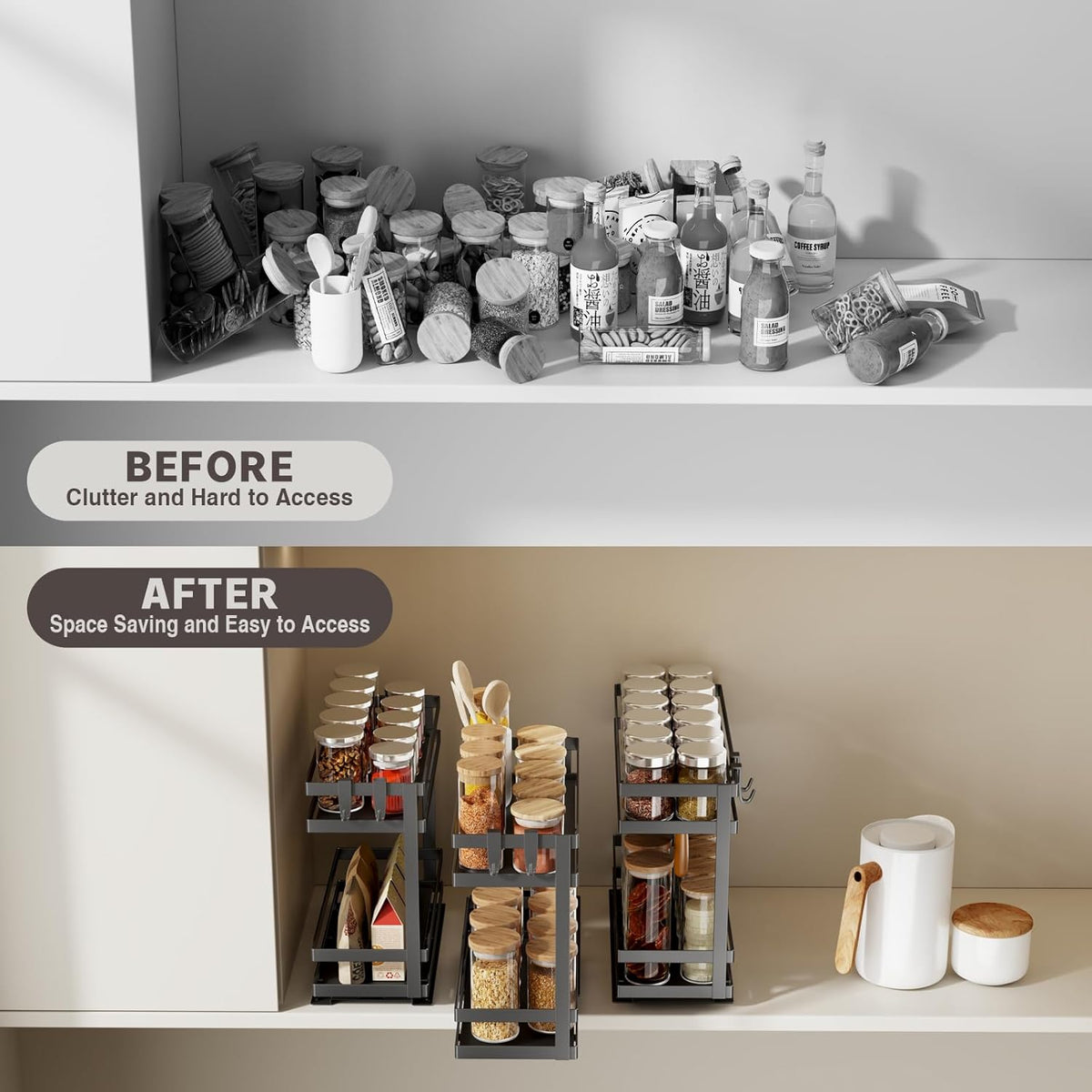 Magheo Pull Out Spice Rack Organizer for Cabinet, Metal Seasoning Organizer Slide Out Spice Storage Shelf No Assembly Vertical Spice Rack Pullout for Kitchen & Bahthroom No Drill(2 Tier,Black)
