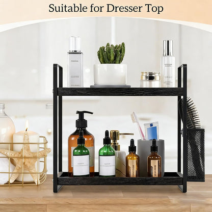 LEMIKKLE 2-Tier Coffee Bar Organizer With Basket,Wooden Counter Shelf for Coffee Bar Accessories,Kitchen Spice Rack Organizer for Countertop-Brown