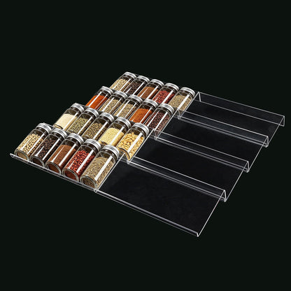 Expandable Acrylic Spice Drawer Organizer – 4-Tier Clear Seasoning Rack Insert for Kitchen Drawers, Adjustable from 9" to 18", Fits Most Spice Jars (Jars Not Included)