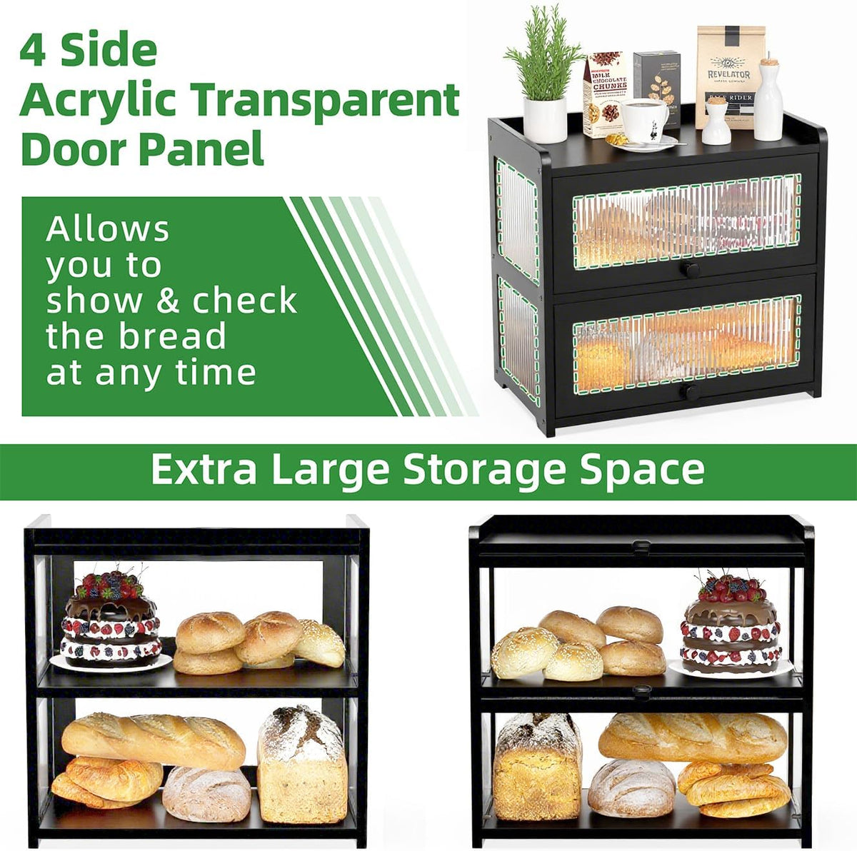 BAMBANG Bamboo Bread Box for Kitchen Countertop, Extra Large Farmhouse Bread Box with 4-Side Clear Panels, Wooden Bread Storage Container for Homemade Bread, Natural