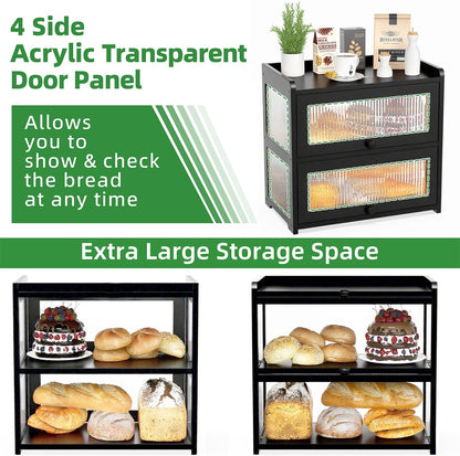 BAMBANG Bamboo Bread Box for Kitchen Countertop, Extra Large Farmhouse Bread Box with 4-Side Clear Panels, Wooden Bread Storage Container for Homemade Bread, Natural