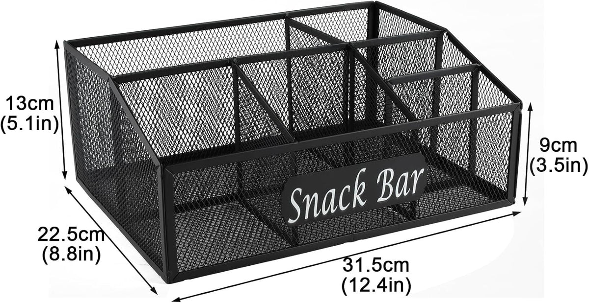 Snack Organizer for Pantry Shelf, Metal Snack Organizer Snack Basket, 6 Compartment Snack Bin Holder Chip Organizer, Snack Bar Station Organizer, Kitchen Pantry Organizer and Storage (Black)