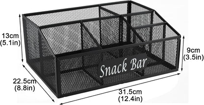 Snack Organizer for Pantry Shelf, Metal Snack Organizer Snack Basket, 6 Compartment Snack Bin Holder Chip Organizer, Snack Bar Station Organizer, Kitchen Pantry Organizer and Storage (Black)