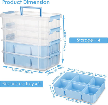 CraftGenes Grey&White Modern Plastic Storage Box - 4-Layer Durable Craft Storage Containers with 2 Removable Trays for Arts & Crafts Supplies, Sewing, Office, Seasonal Decor