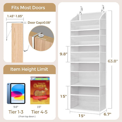 5 Tiers Over the Door Organizer with 10 Mesh Side Pockets, 44 lbs Weight Capacity Closet Hanging Storage Organizer with Large Clear Window Kids Toys, Shoes, Diapers, Beige