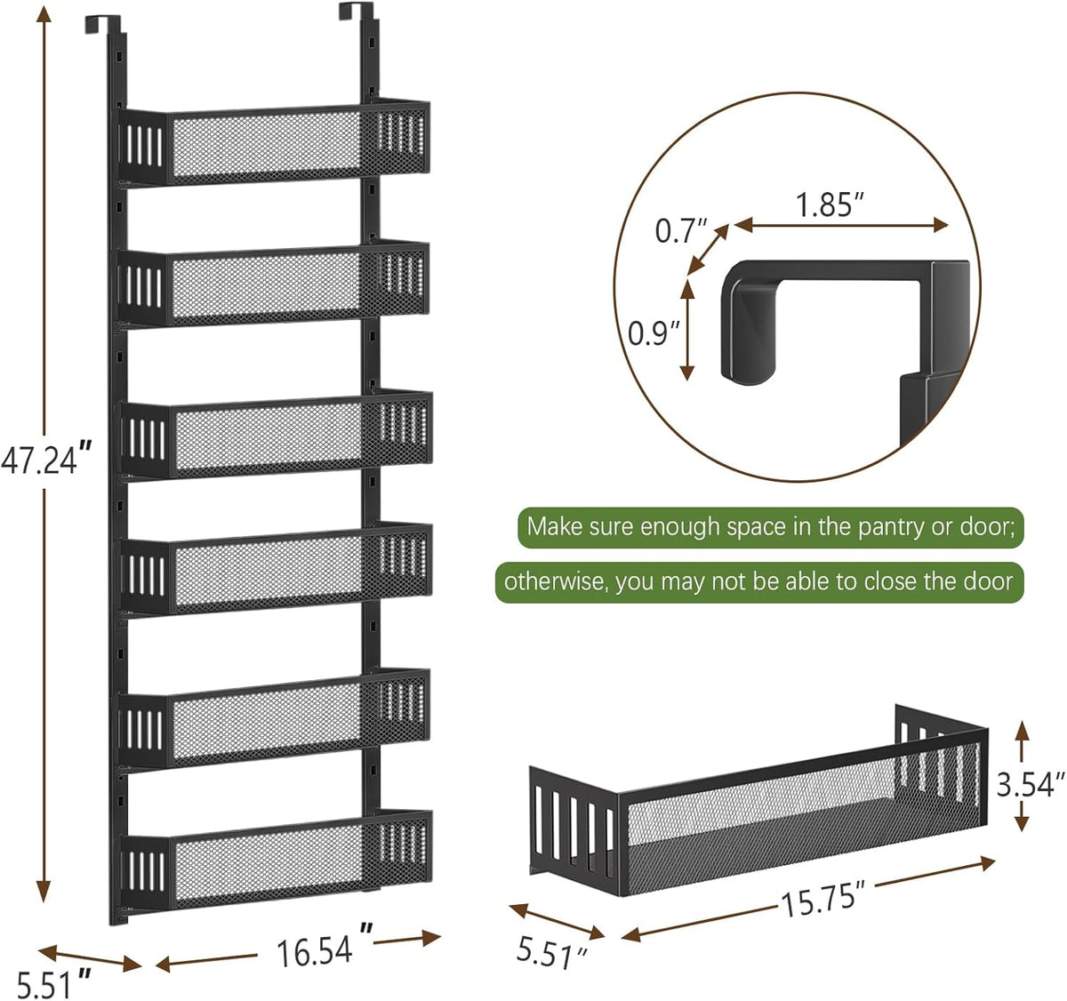 6-Tier Over The Door Pantry Organizer with Mesh Baskets, Adjustable & Stable Hanging Spice Rack for Kitchen, Bathroom, Bedroom, and Baby Essentials Storage