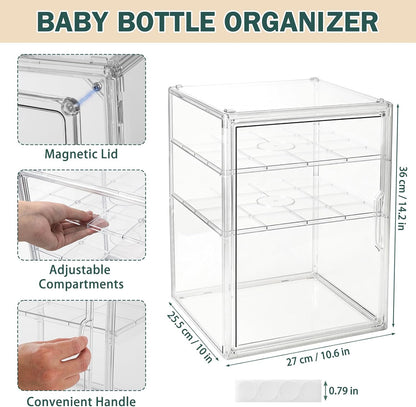 Baby Bottle Organizer, 3-Tier Bottle Storage for Countertop with Double Magnetic Doors, Clear Plastic Bottle Station Organizer Mom Gifts with 2 Dividers for Kitchen, Bathroom, Cabinet, Vanity