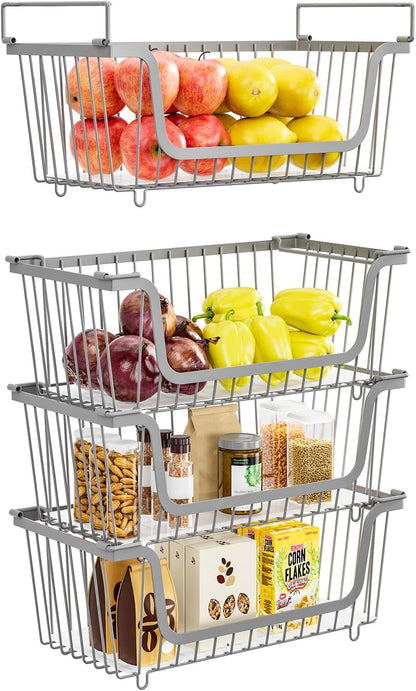 4 Pcs Stackable Wire Baskets for Pantry Organizers and Storage,Kitchen Storage Metal Baskets,Produce Potato Onion Storage Bin,Vegetable Fruit Basket for Countertop,Black